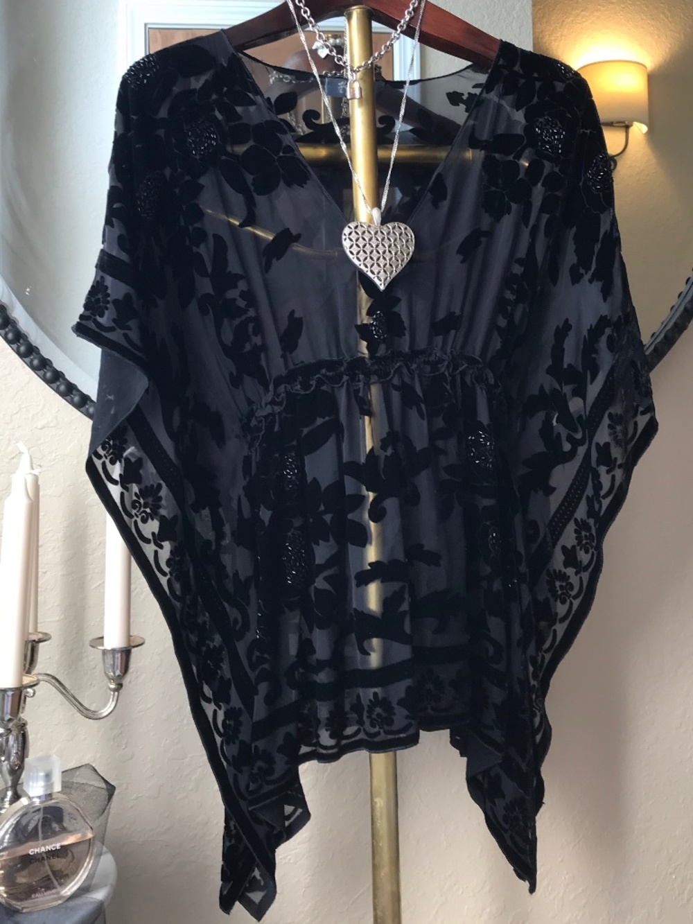 HALE BOB LOUNGE SILK VELVET BURNOUT PONCHO TUNIC BLOUSE LUXURY